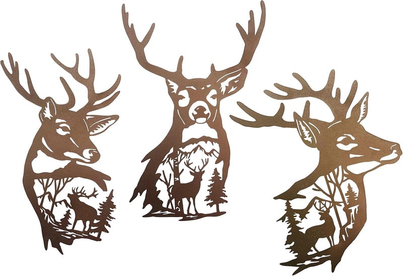 J-Fly Deer Metal Wall Art 9 Inch Deer Silhouette Wall Decor Rustic Forest Hunting Sign Woodland Valentine Decor for Fence Patio Porch Farmhouse Indoor for Living Room Bedroom Bathroom 3 Piece Set - Image 1